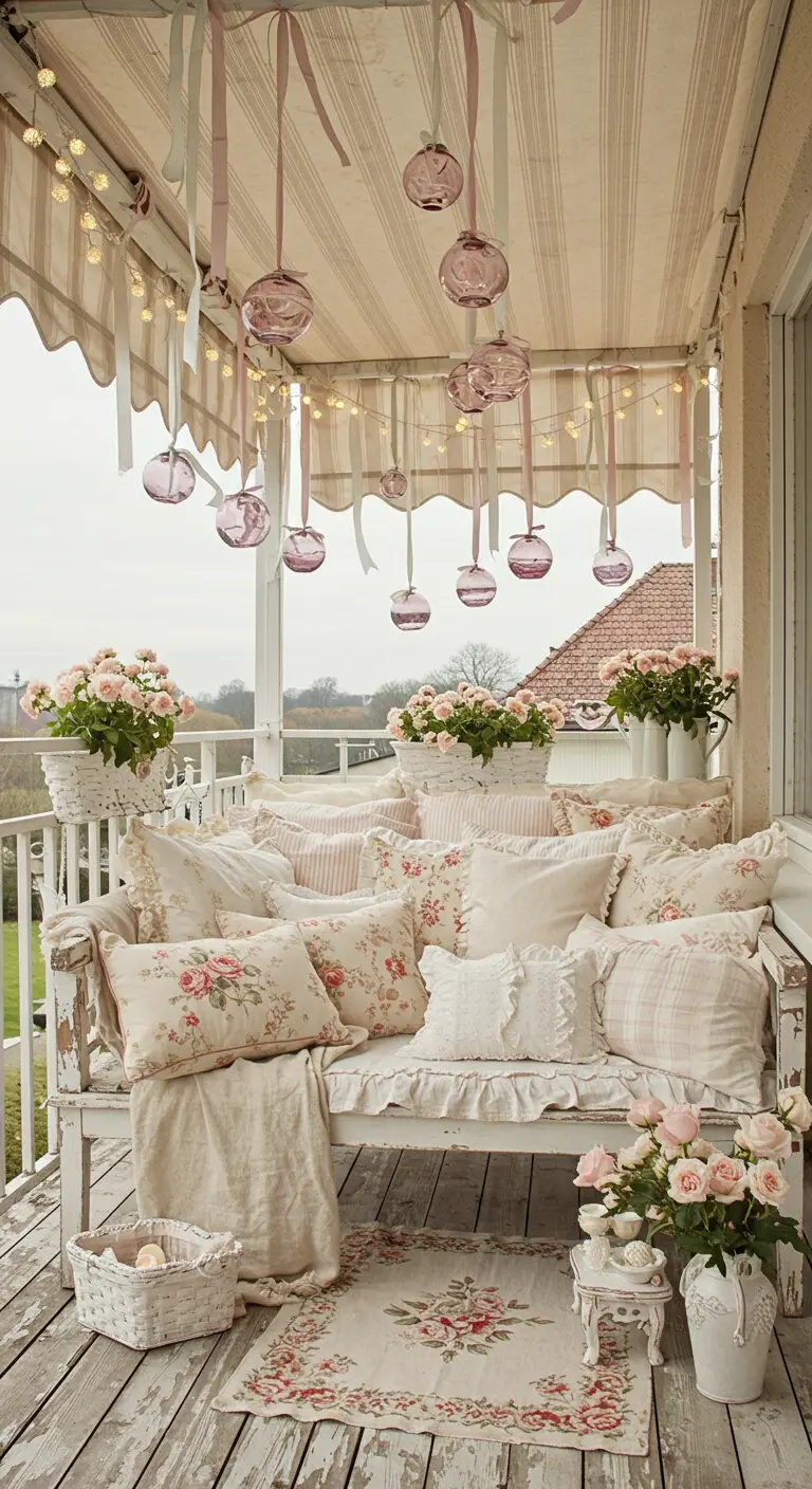 A shabby chic balcony with a white bench, pink floral pillows, and ribbons hanging from the awning.