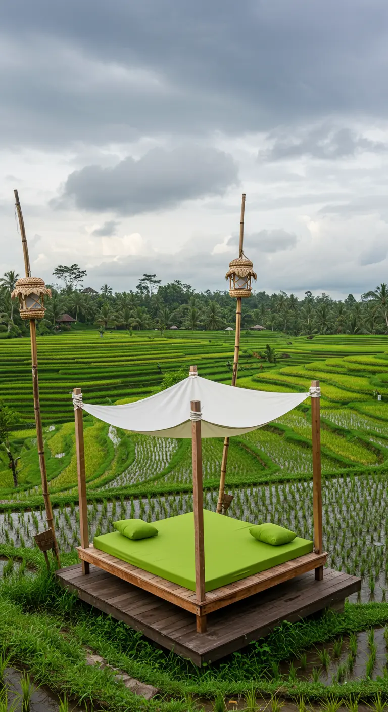 Teak daybed with a lime green cushion overlooking vast green rice paddies.