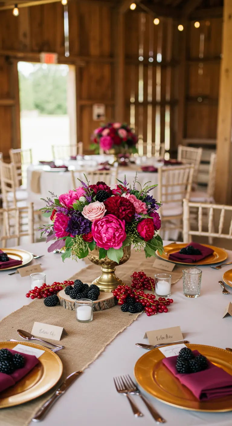 Bright jewel-toned floral centerpiece with fresh blackberries and redcurrants.