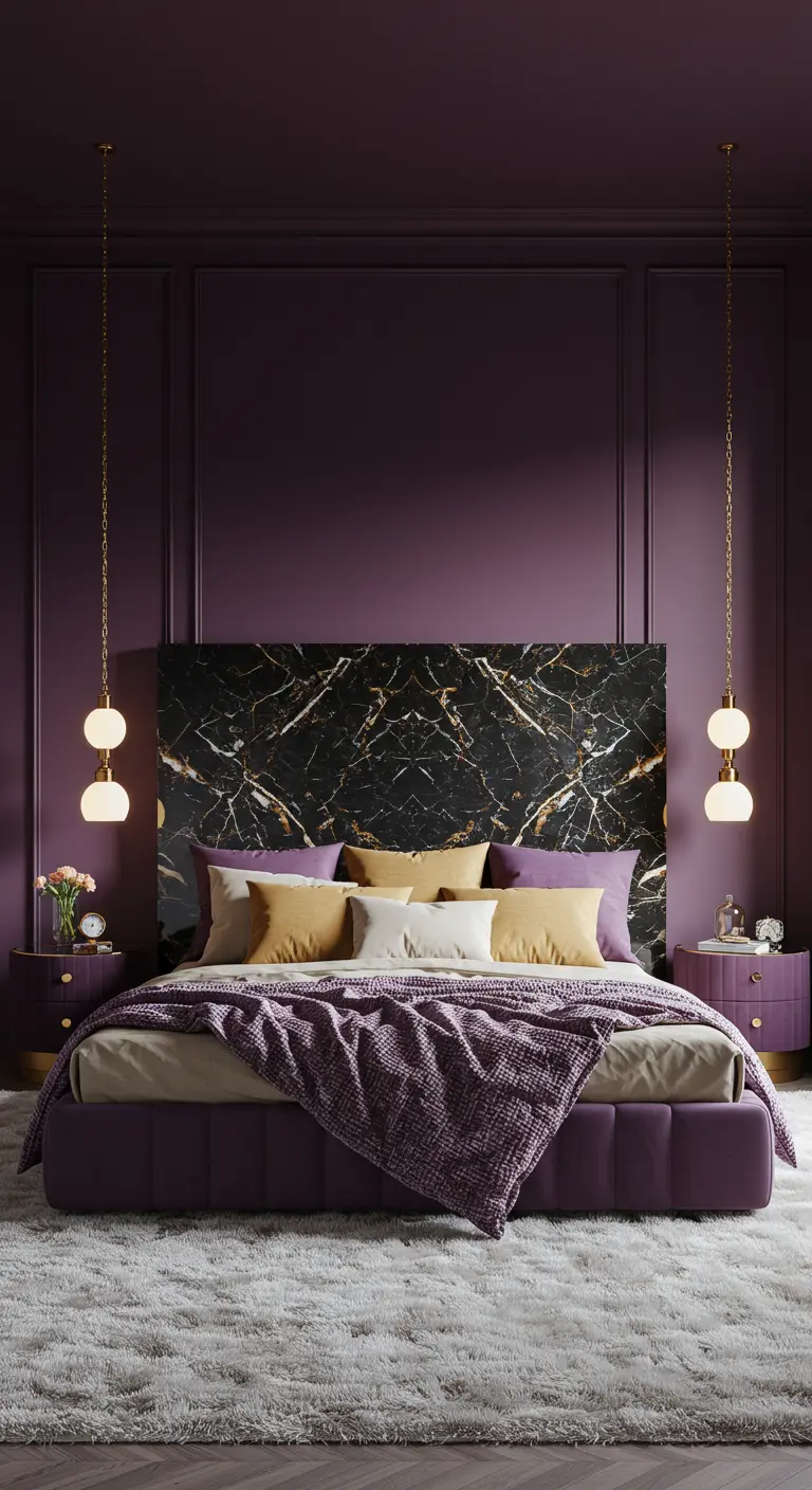 A bedroom with deep purple walls, a black marble headboard, and a purple bed with a thick throw.