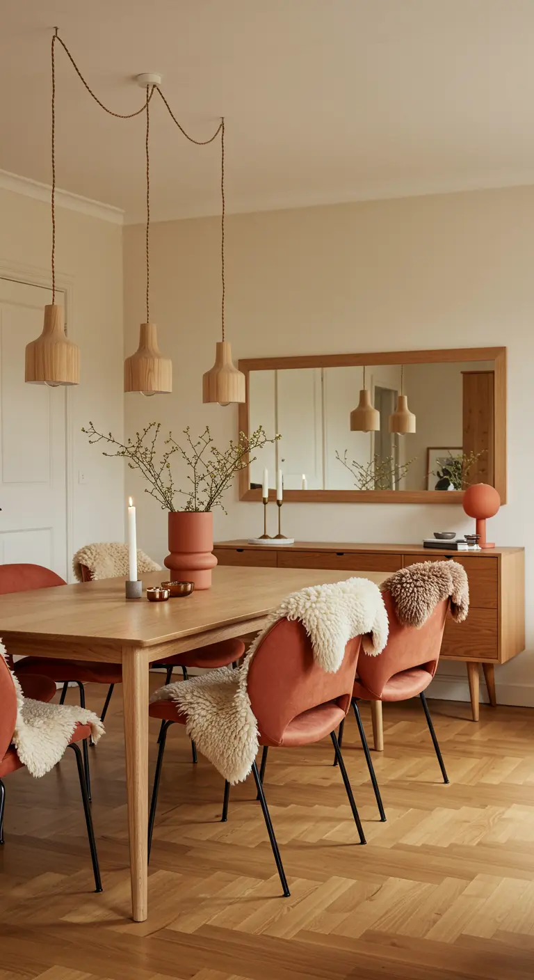 Oak dining table with burnt orange velvet chairs draped in sheepskin throws, and small wooden pendant lights.