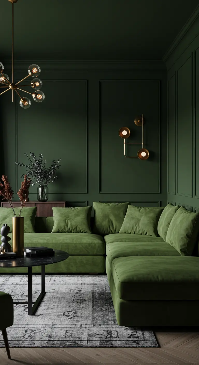 Dark green paneled room with a large green velvet sectional and brass lighting.