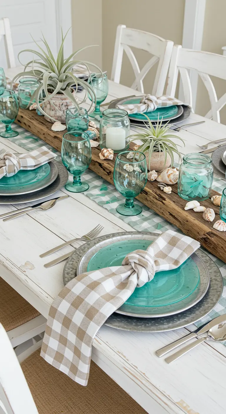 Coastal-themed table with a driftwood centerpiece, air plants, and tan check napkins.
