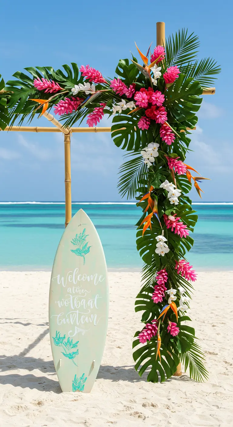 A tropical bamboo arch with bright flowers and a surfboard welcome sign on a beach.