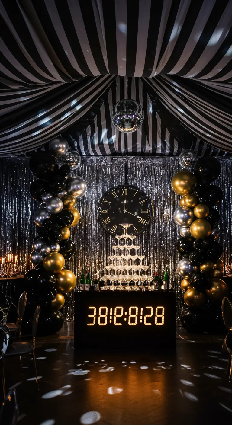 A New Year's Eve party with a striped ceiling, disco ball, clock, and champagne tower.