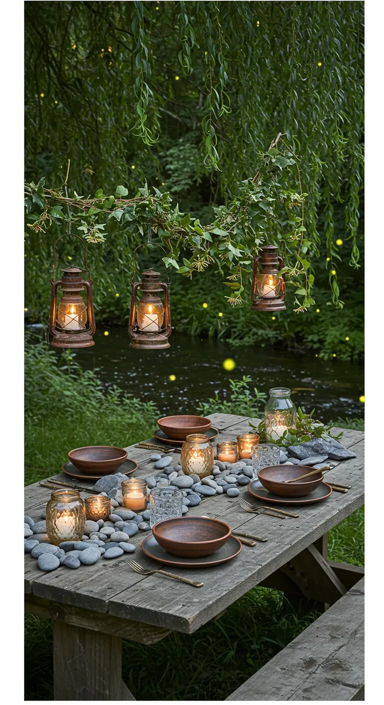 Rustic riverside table with a pebble runner and hanging lanterns.