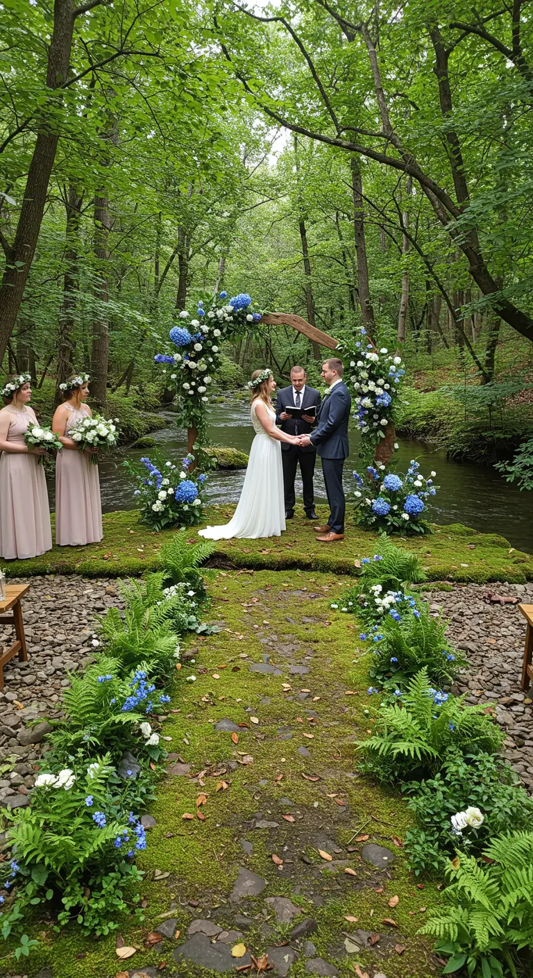 Wedding ceremony by a stream with a moss aisle and blue and white floral arch.
