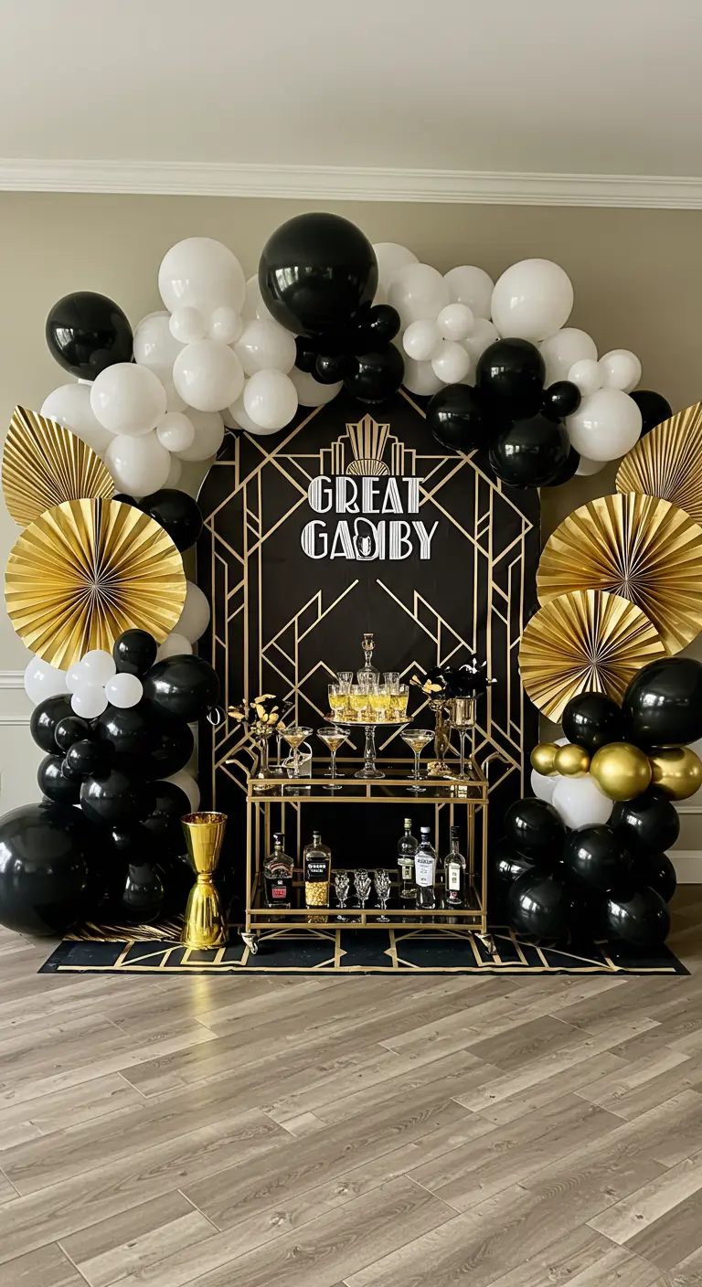A Great Gatsby themed balloon arch in black, white, and gold with an Art Deco backdrop.
