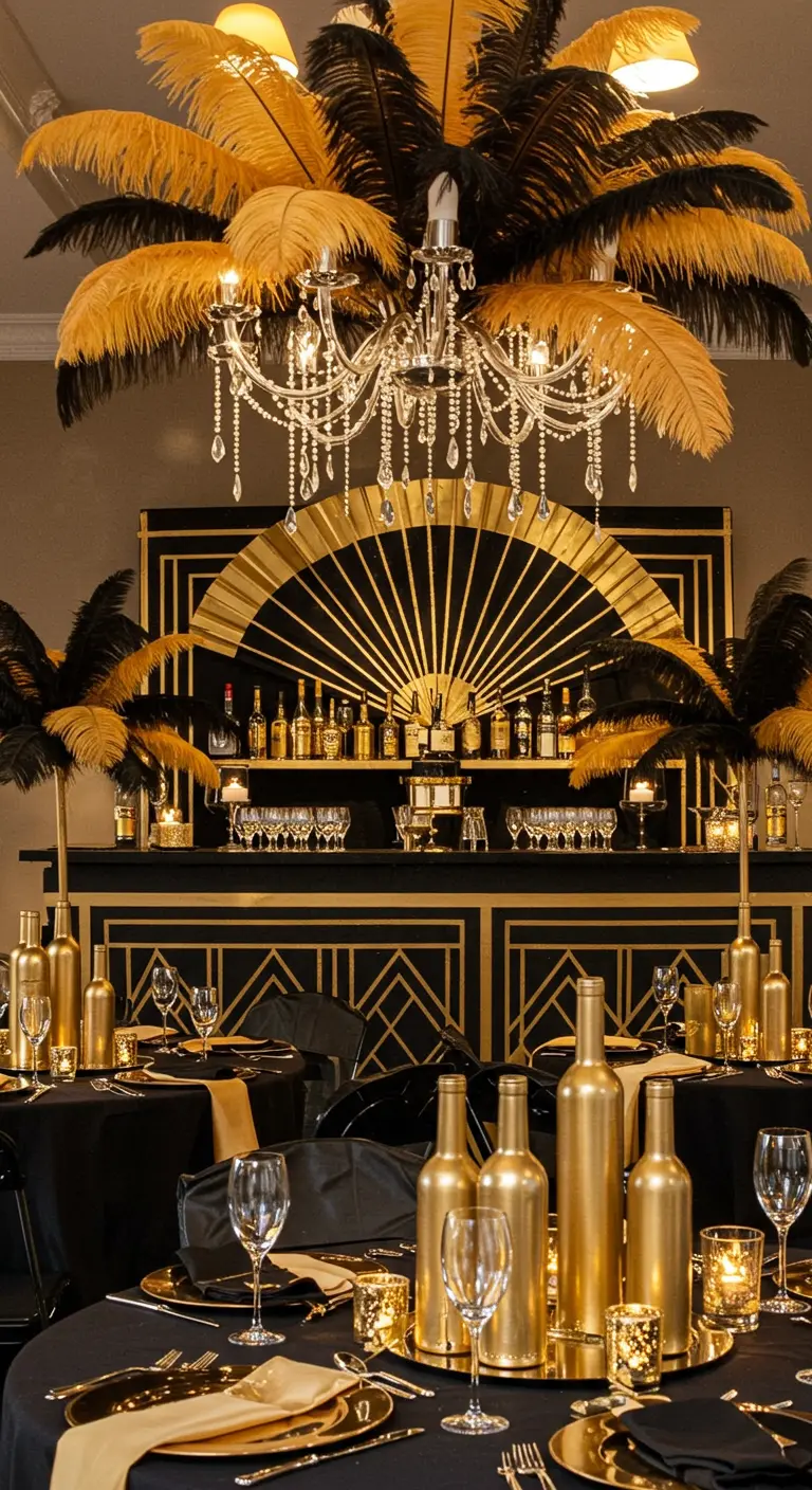 A Great Gatsby themed party with gold spray-painted bottles and black and gold feathers.