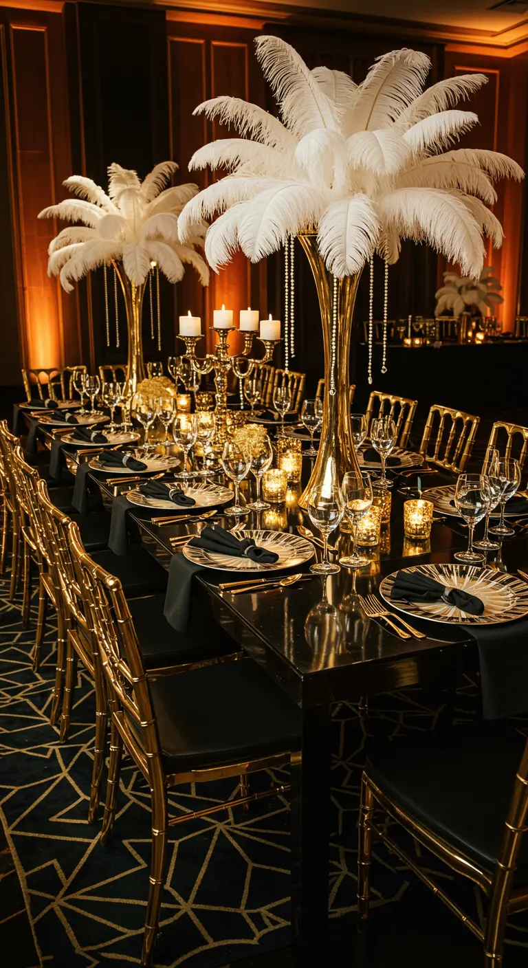 An opulent Great Gatsby-themed table with gold chairs and feather centerpieces.