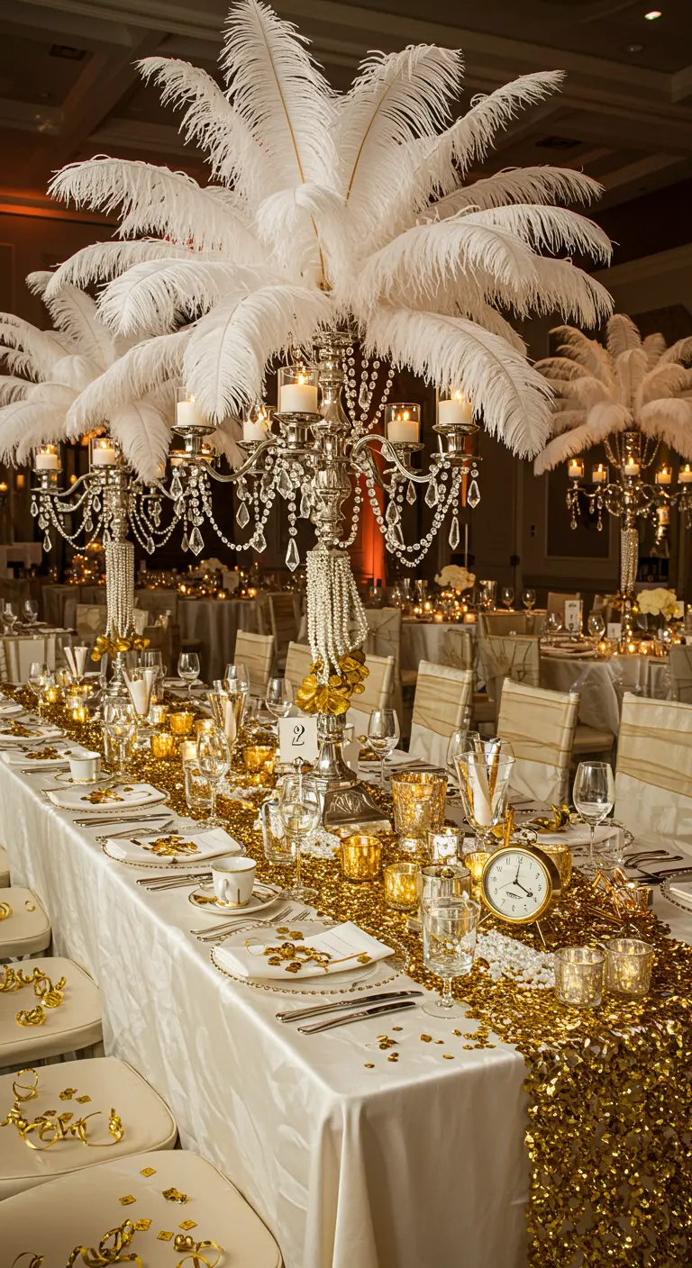 A lavish Great Gatsby themed NYE table with feather centerpieces, crystals, and a gold sequin runner.