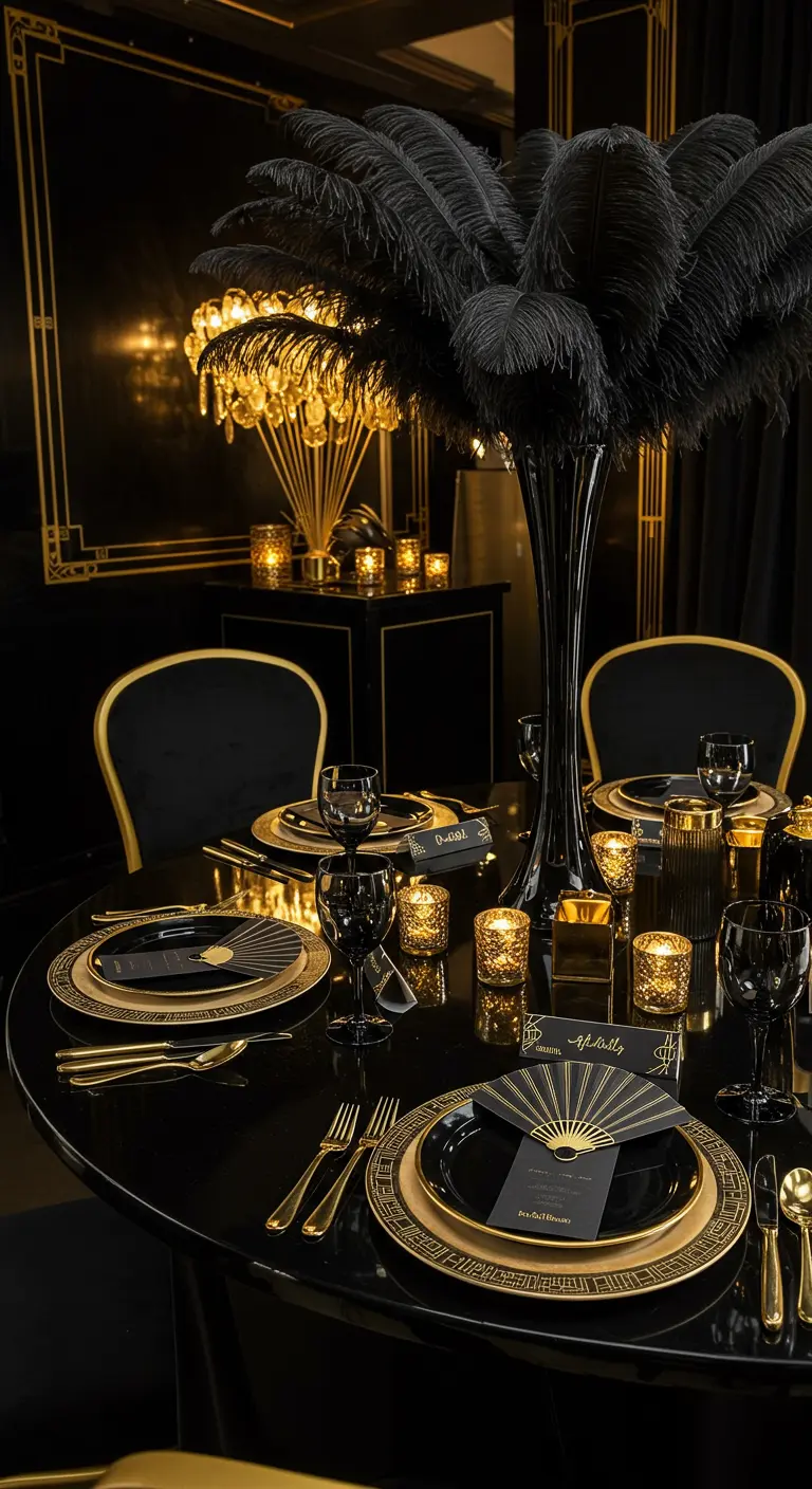 An Art Deco-themed table with a black feather centerpiece, gold chargers, and velvet chairs.