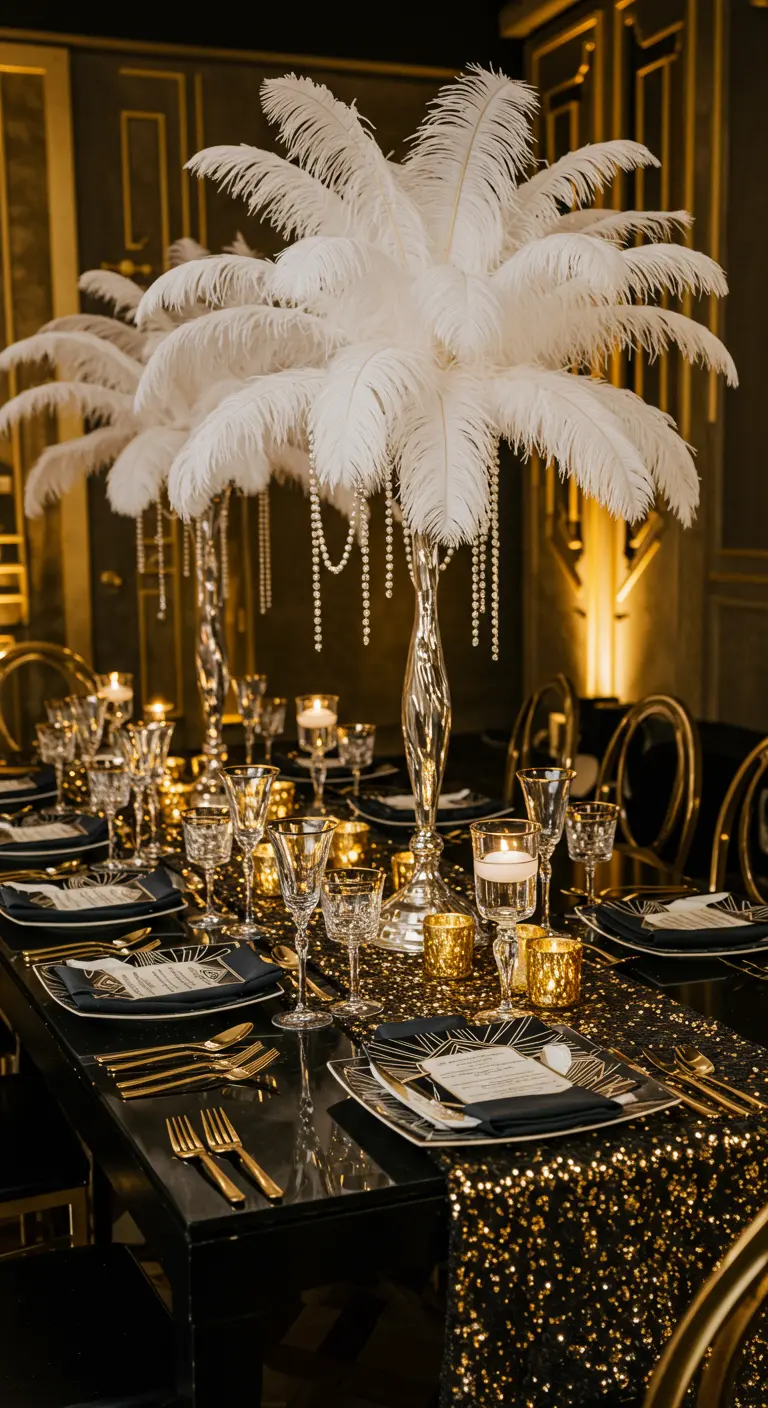 Black and gold Art Deco table setting with white feather centerpieces and sequin runner.