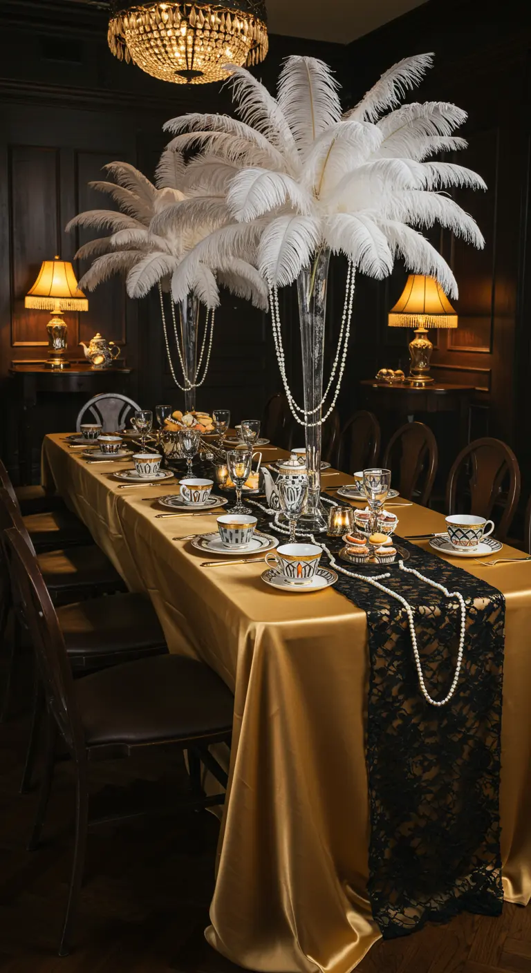 A glamorous Art Deco tea party table with black lace, gold tablecloth, and white feather centerpieces.
