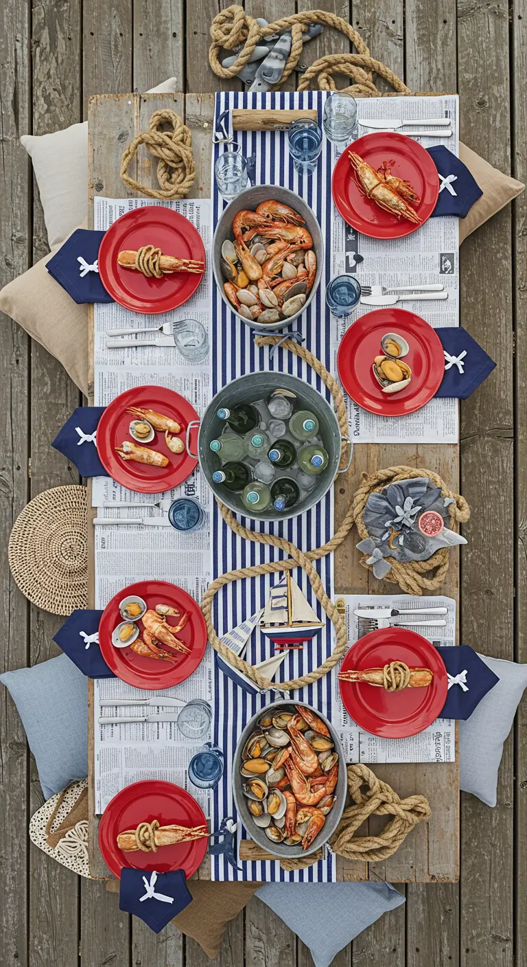 Overhead view of a seafood boil table with red plates, newspaper, and buckets of shellfish.