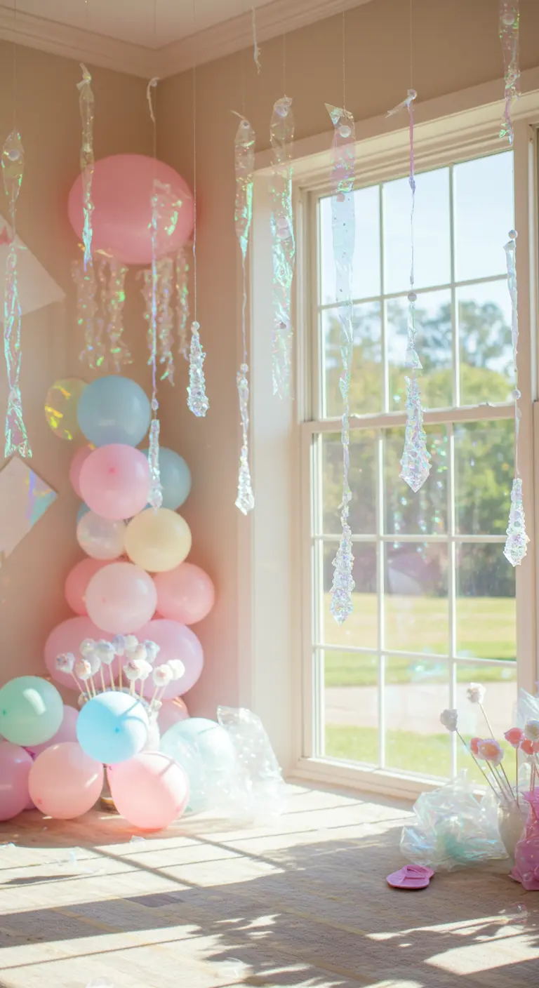 Iridescent streamers and pastel balloons creating a candy drip effect.