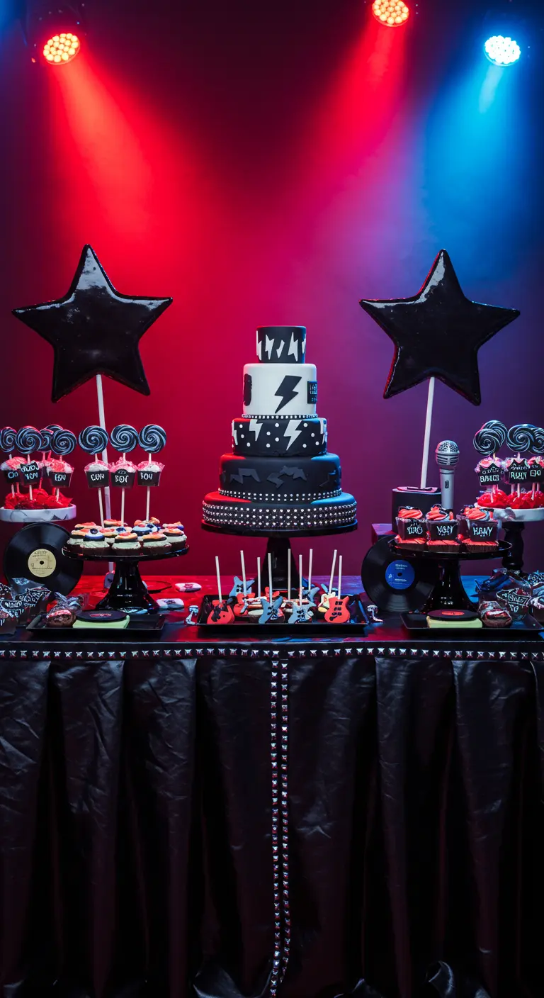 Rock and roll themed candy table with black star props, vinyl records, and guitar cookies.