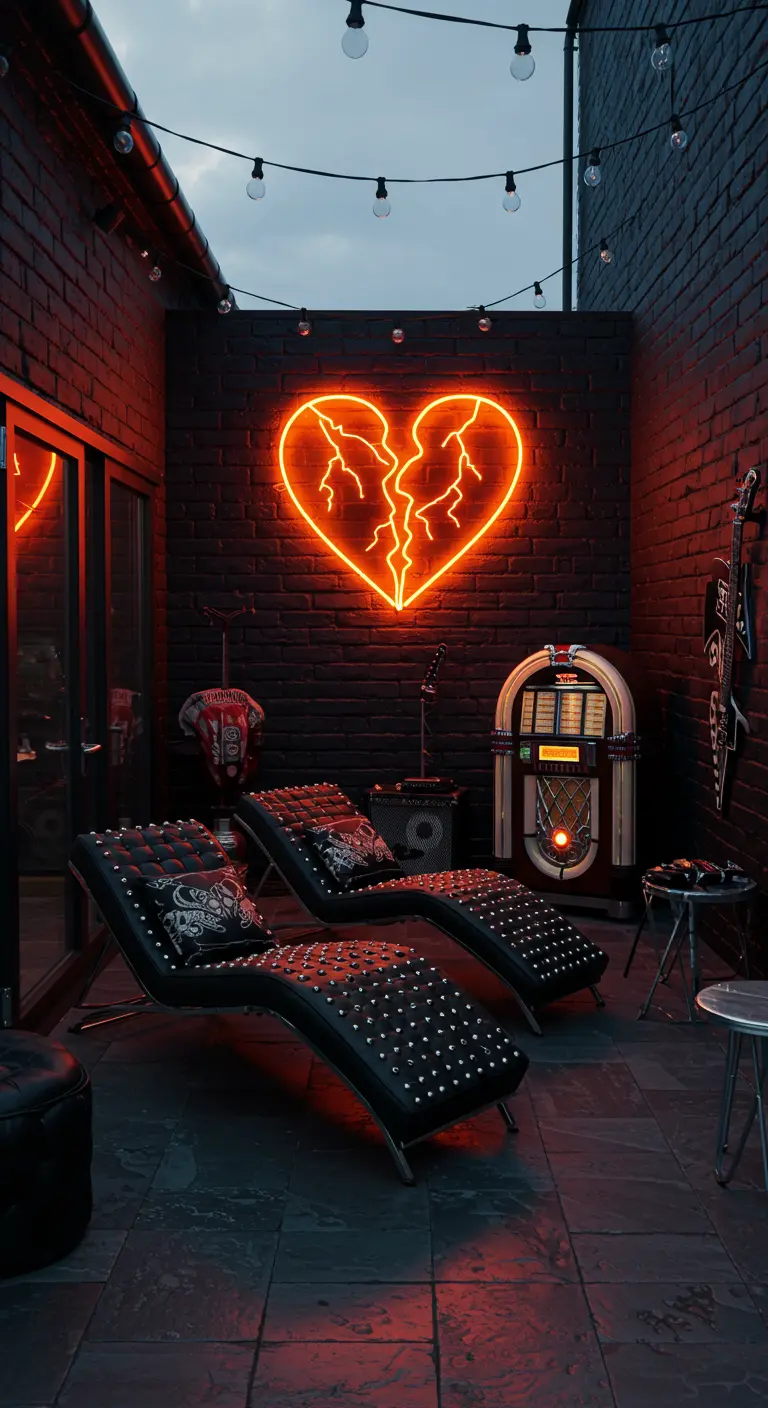 A rock-and-roll themed patio with studded black loungers and a broken neon heart.