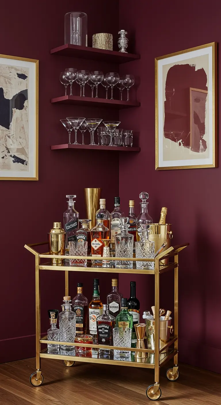 A gold bar cart stocked with spirits and glassware against a burgundy wall.