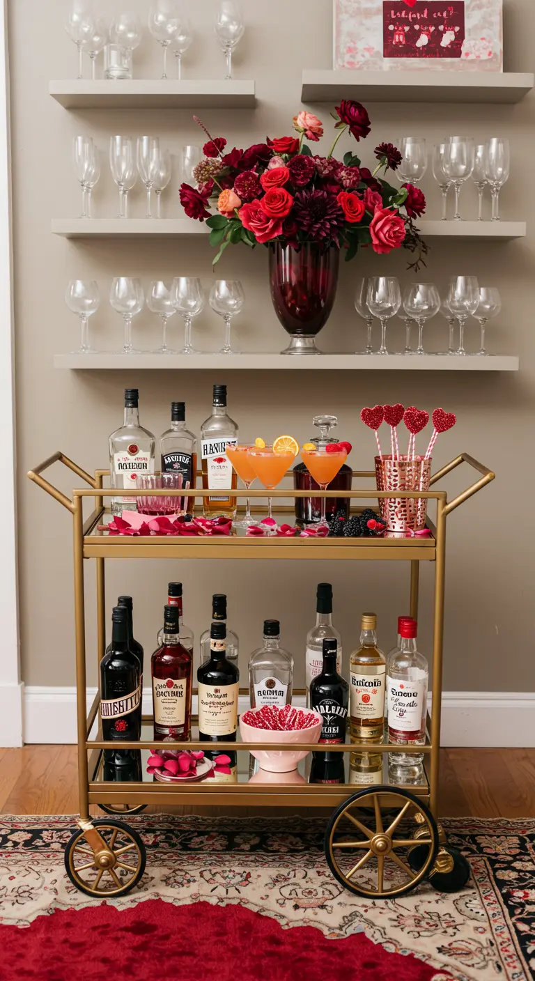 A gold bar cart styled with a large floral arrangement, glassware, liquor bottles, and Valentine's cocktails.