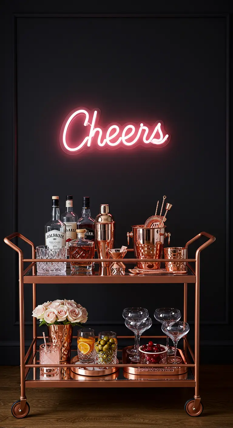 Rose gold bar cart with a pink 