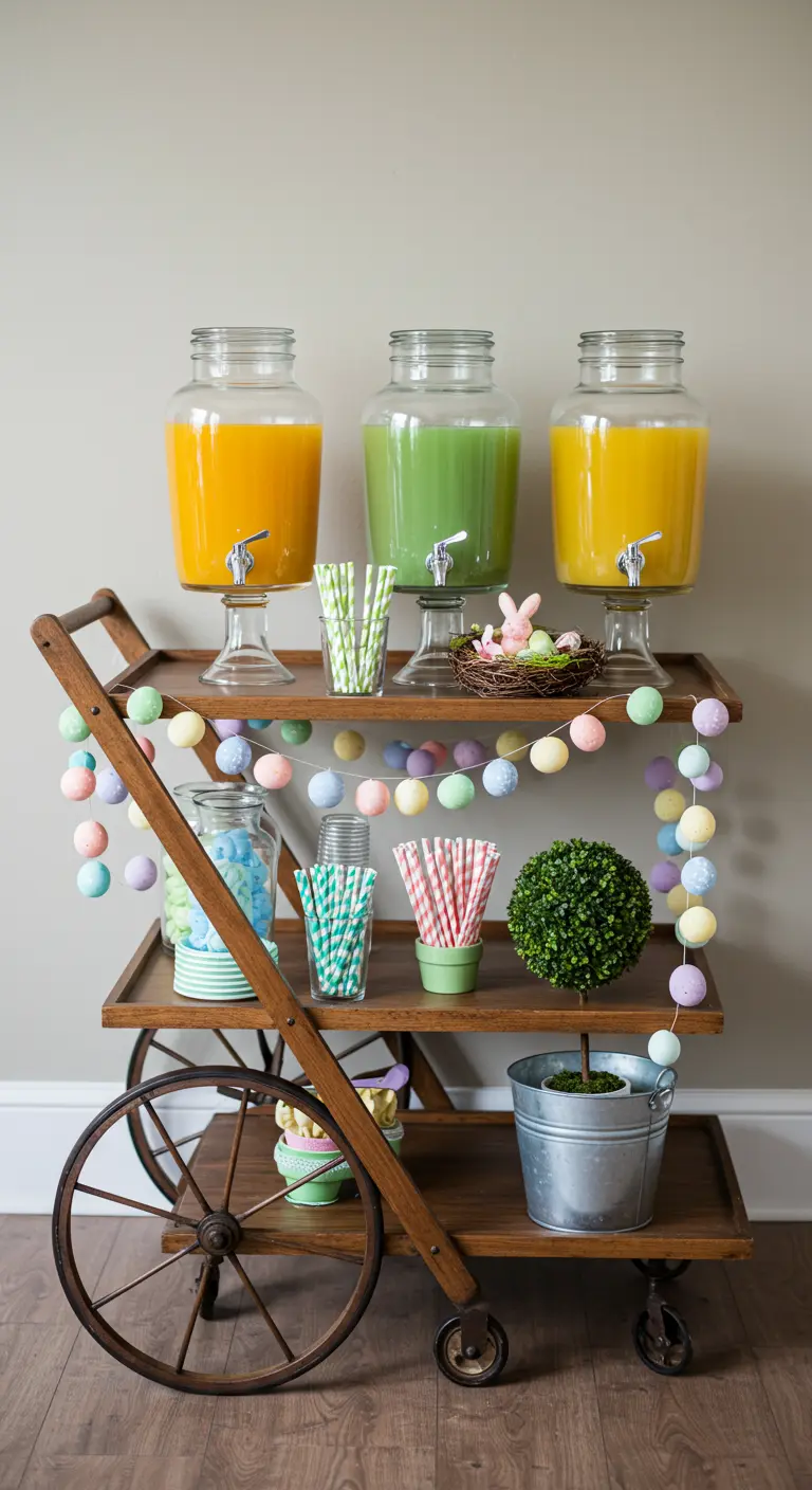 Wooden bar cart with colorful juices, pastel egg garland, and paper straws.