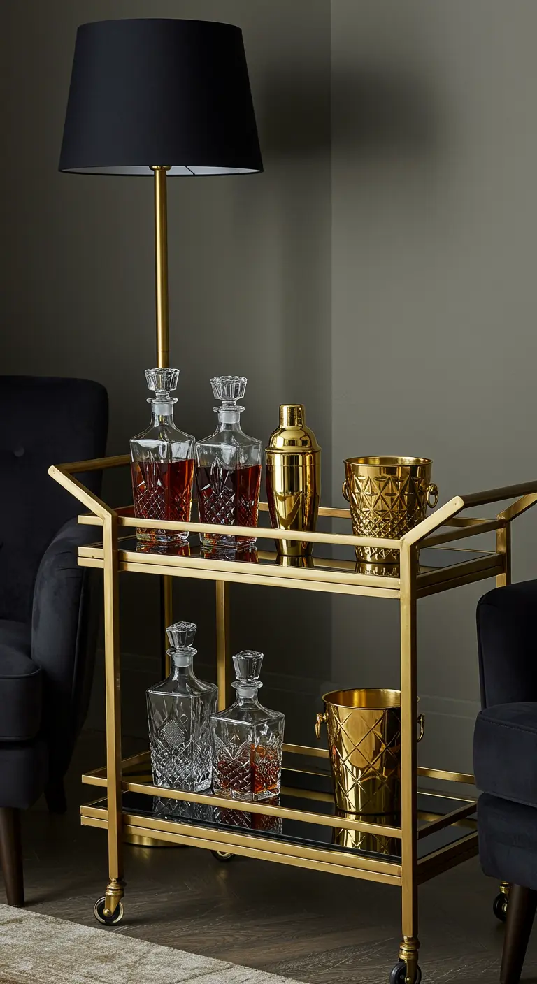 A gold and glass Art Deco bar cart with crystal decanters, a gold shaker, and an ice bucket.