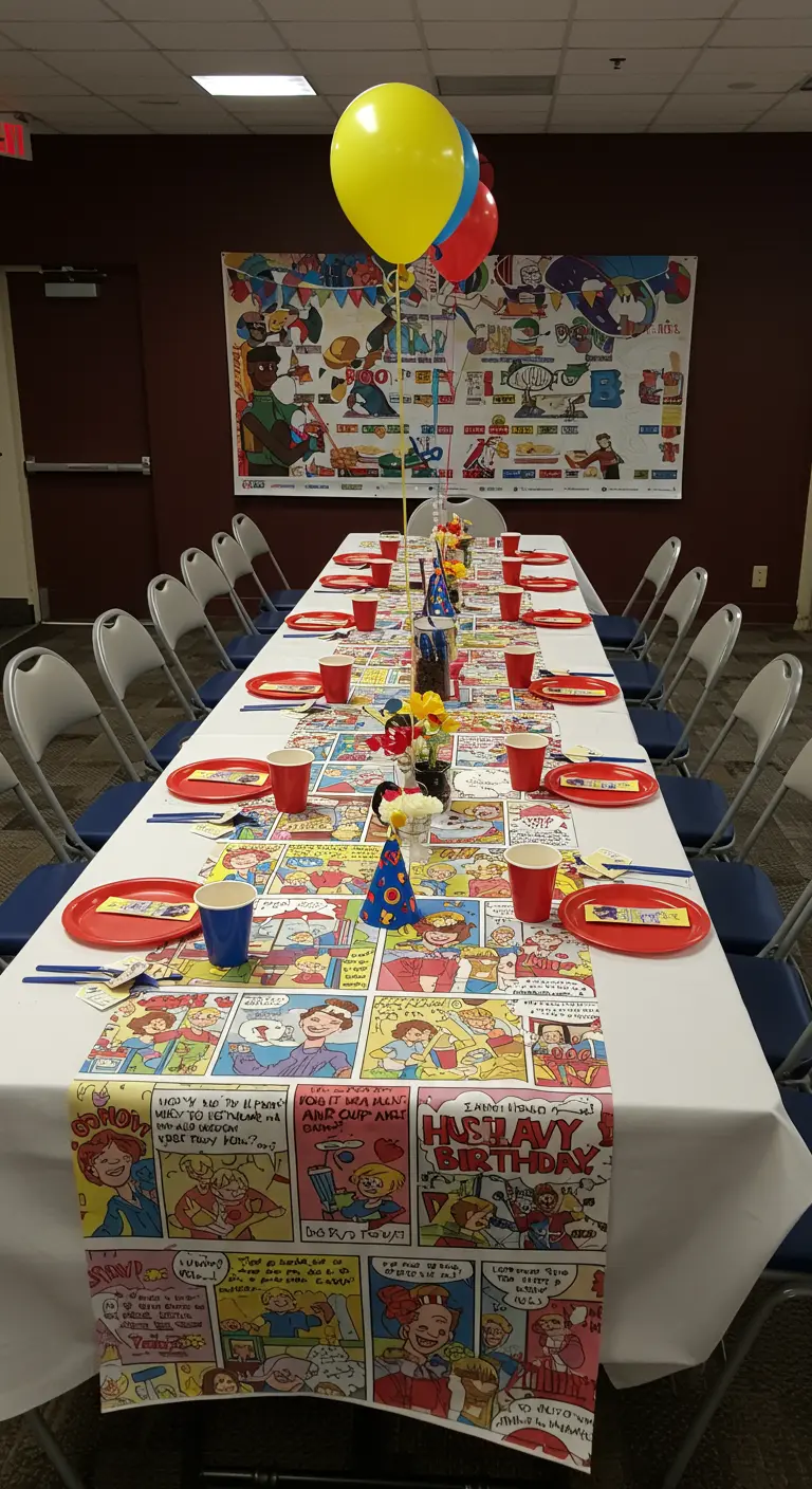 A long party table featuring a runner made of comic book pages.