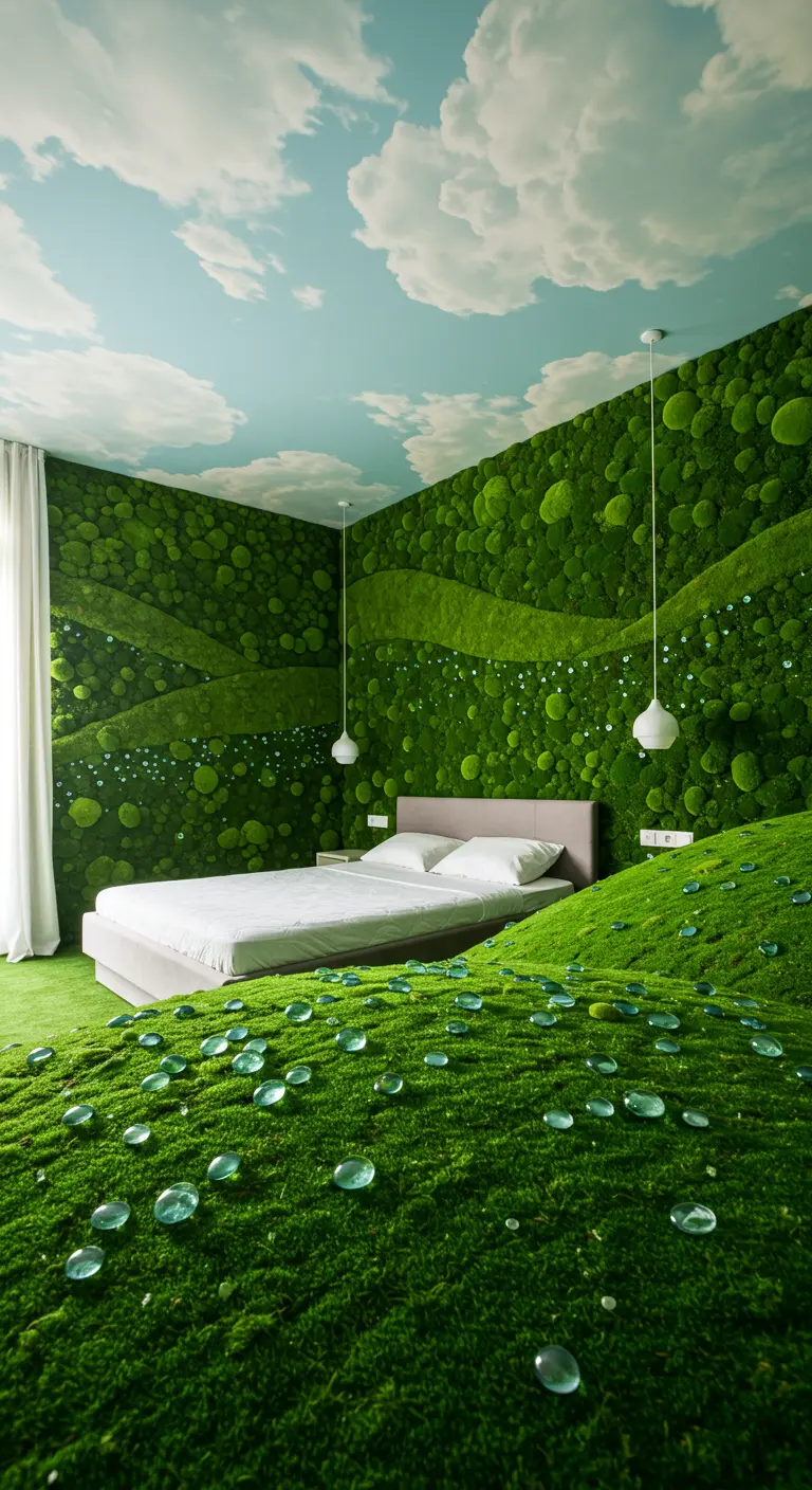 A surreal bedroom designed as a rolling green landscape with a sky ceiling.