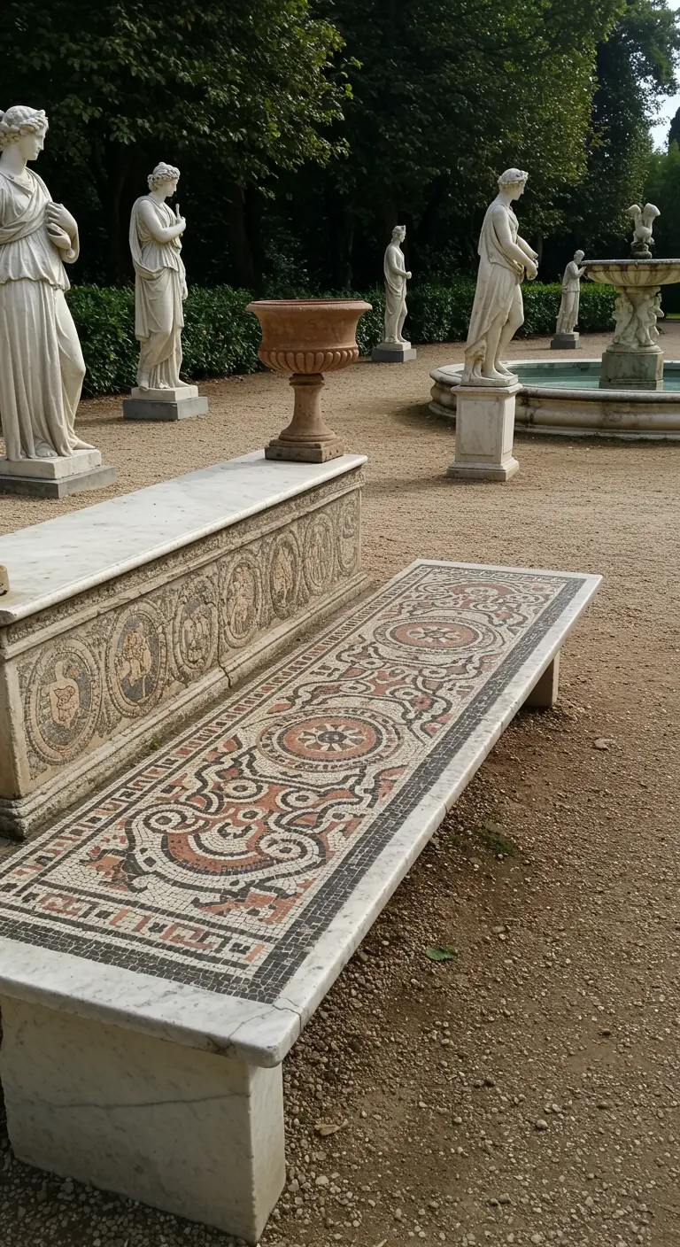 A long marble bench in a formal garden with a complex, classical Roman-style mosaic in black and terracotta.