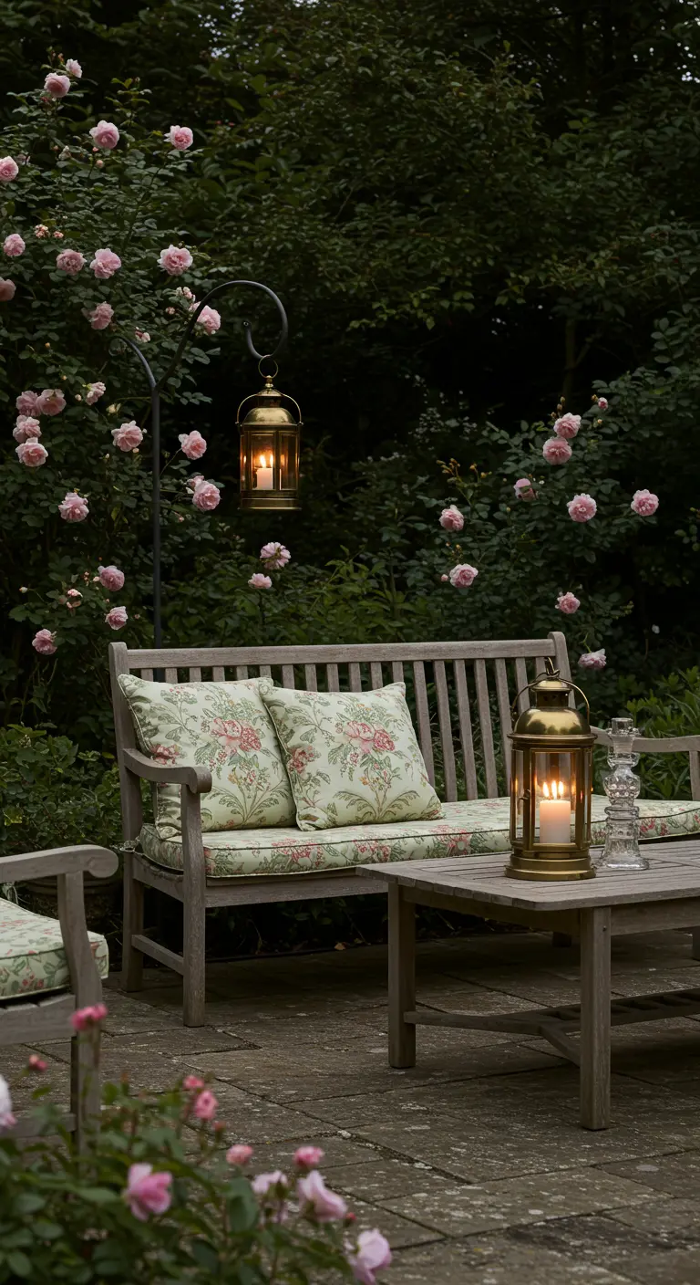 A wooden garden bench with floral cushions sits among rose bushes with glowing lanterns.