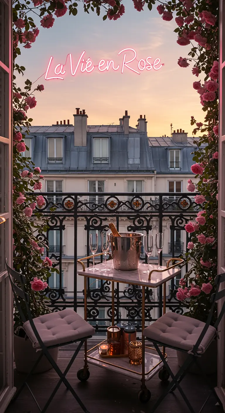 Romantic Parisian balcony with a 'La Vie en Rose' neon sign and climbing roses.