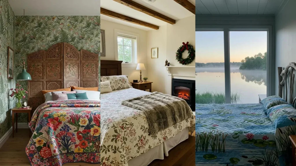 Romantic cottagecore bedrooms featuring floral quilts, wooden headboards, and cozy, charming nooks.