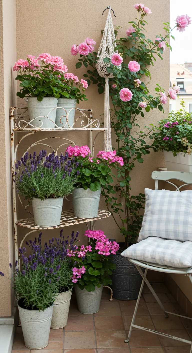 A distressed white plant stand with roses, lavender, and a plaid cushion.