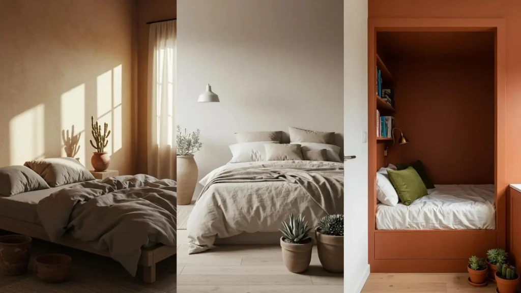 Warm desert oasis bedroom designs featuring terracotta pots and soft pillows for a romantic interior.