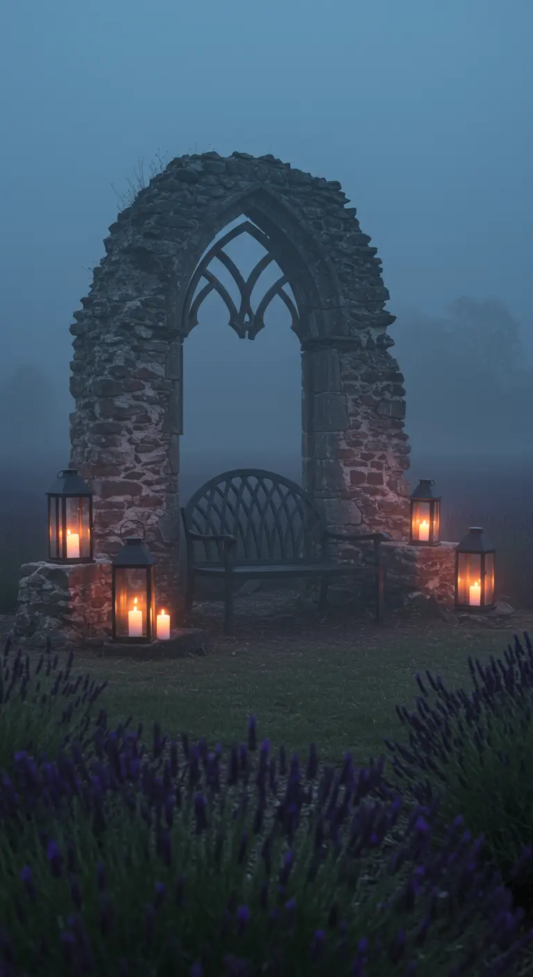 A wooden bench sits within a misty stone ruin, lit by candle lanterns.