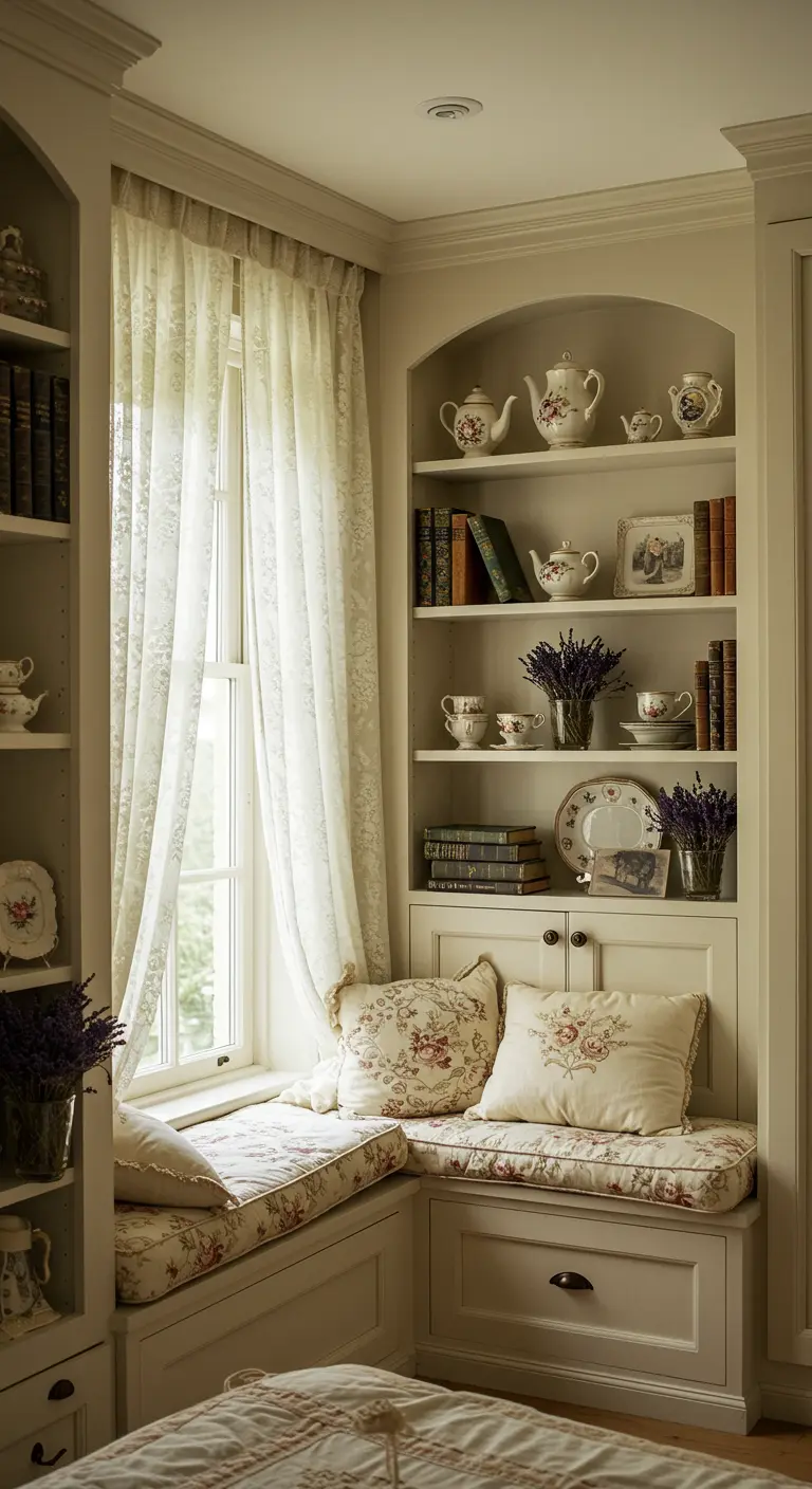 A romantic reading nook with floral cushions, sheer curtains, and a display of antique china.