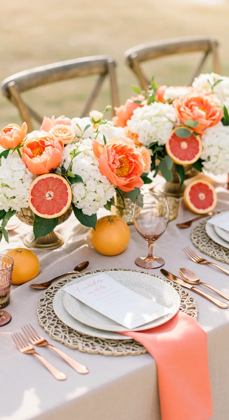 A romantic tablescape with peonies, hydrangeas, and halved grapefruits in gold vases.