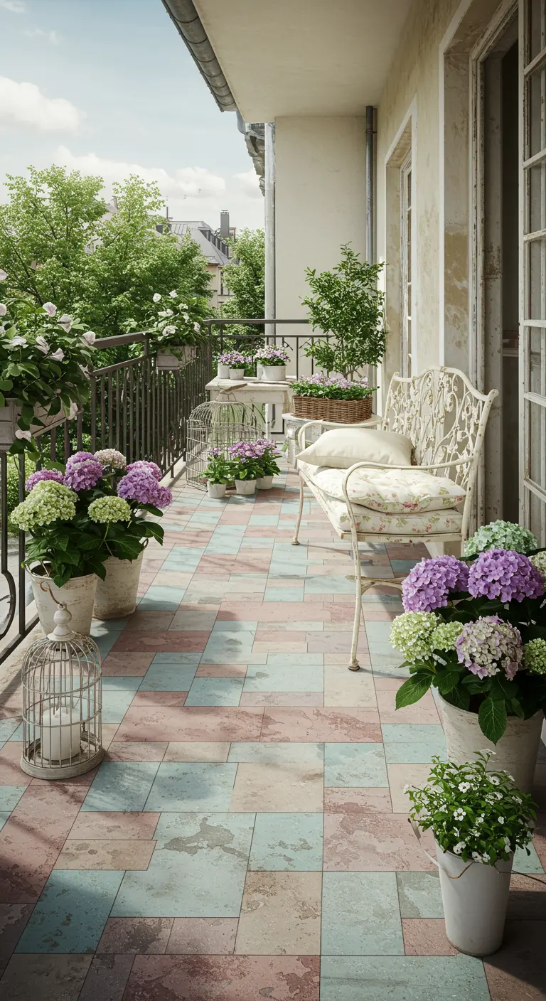 A romantic balcony with pastel-colored stone tiles, potted hydrangeas, and a white wrought-iron bench.