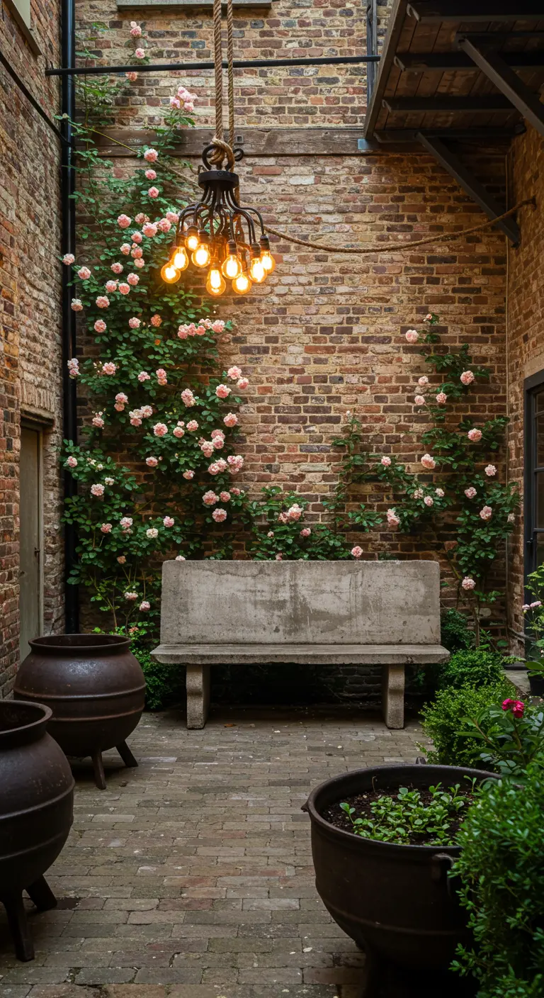 A brick courtyard with a large concrete bench, climbing roses, and an Edison bulb chandelier.