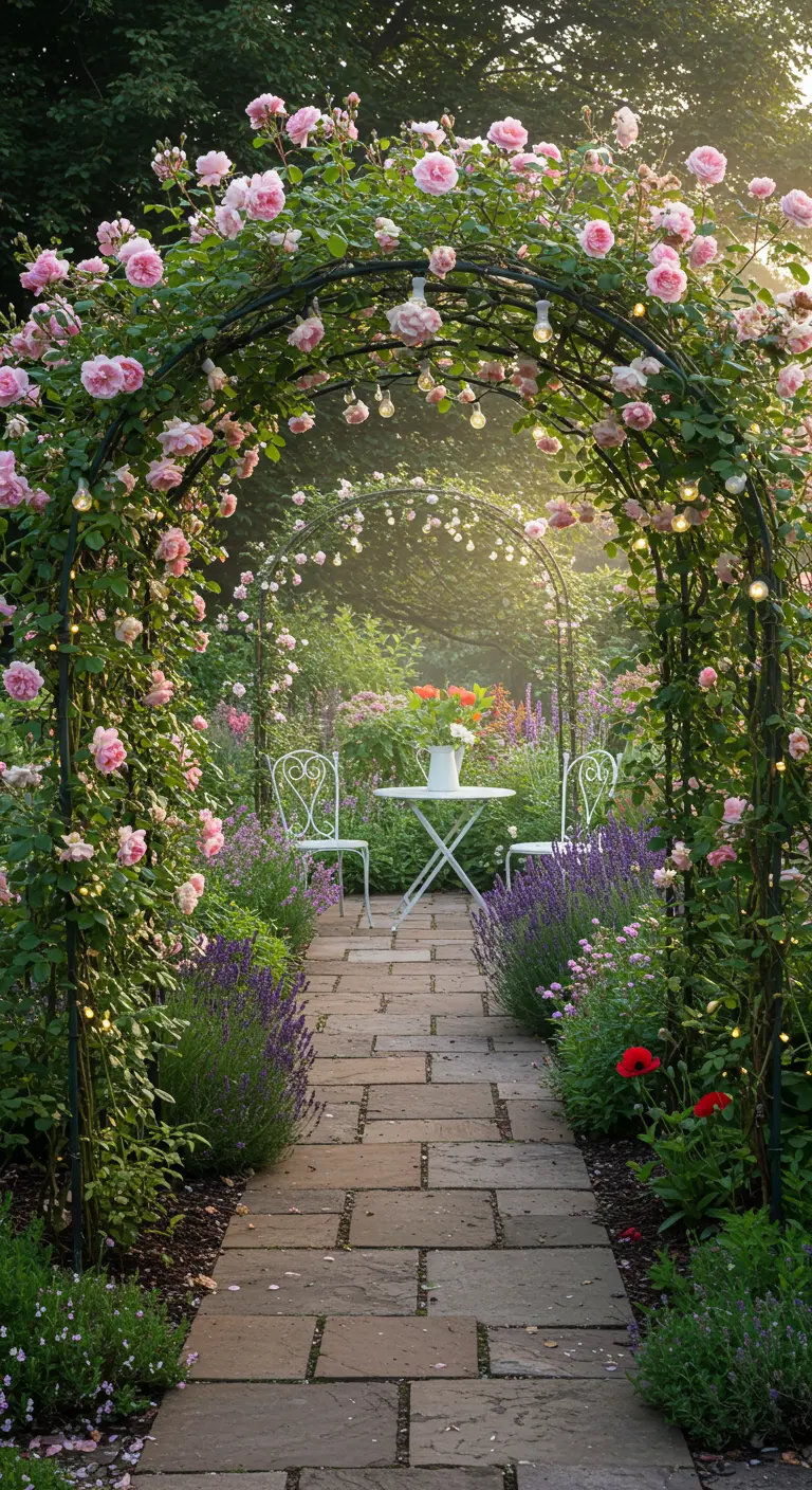 Black metal arch with pink climbing roses and string lights over a path lined with lavender.