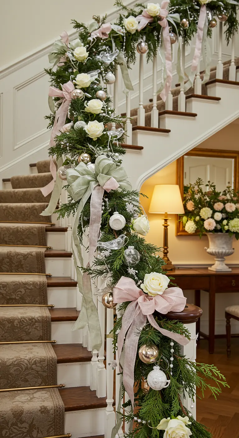 Staircase with evergreen garland, white roses, and blush and sage green ribbons.