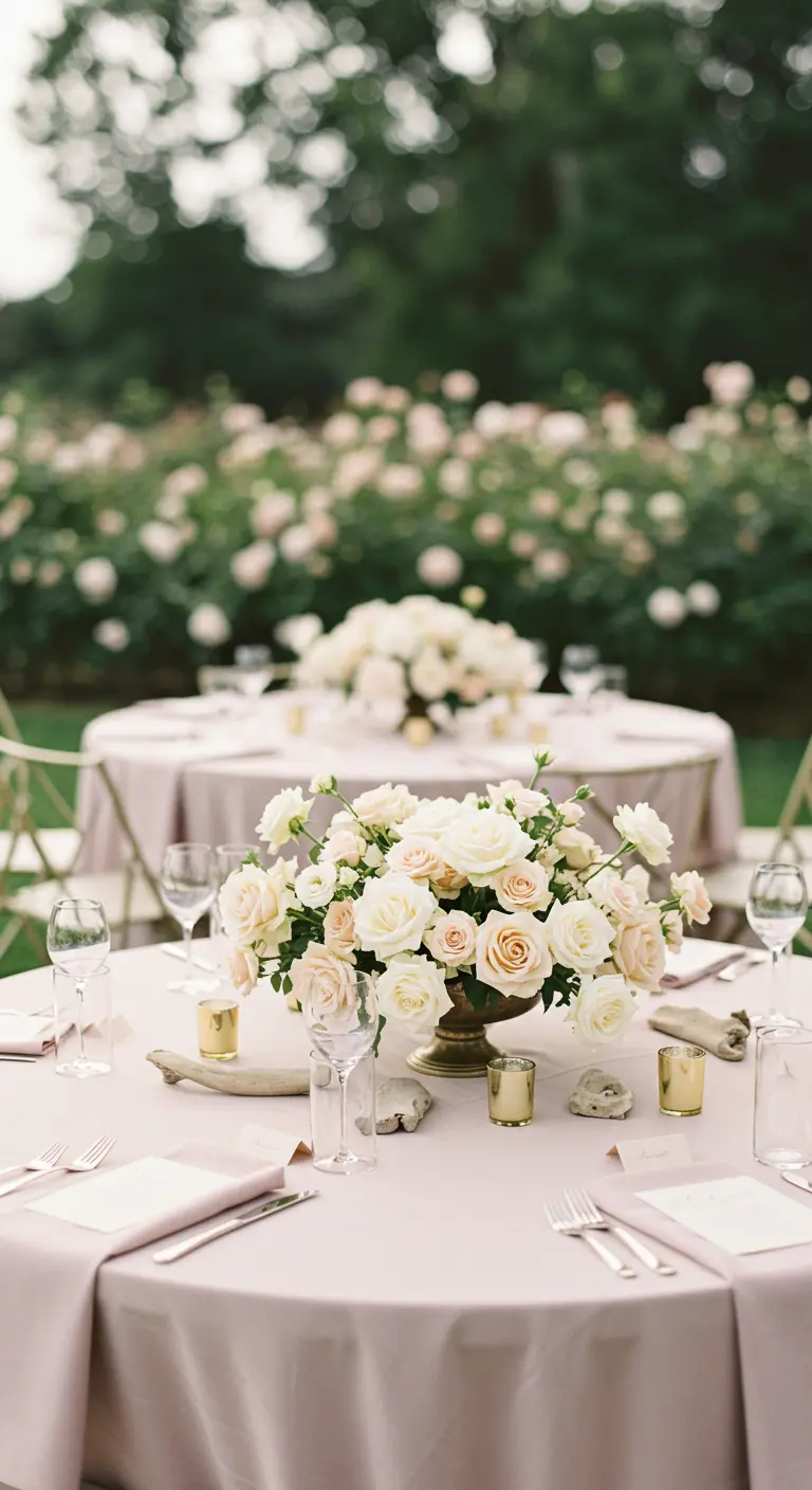A romantic tablescape with a blush tablecloth and a centerpiece of roses and driftwood.