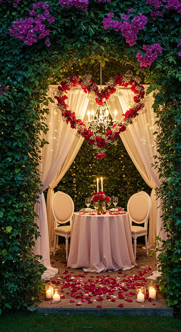 A heart-shaped chandelier made of red roses hangs in a candlelit nook for two.