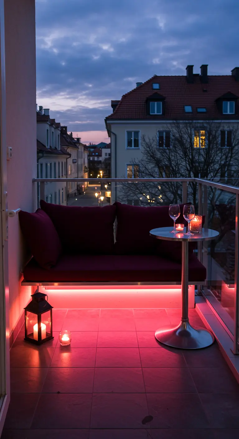 Balcony at night with a bench lit by red LEDs and a candle lantern.