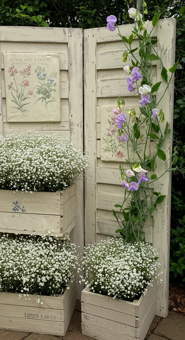 A shabby chic display with distressed white shutters, wooden planters, and delicate sweet pea and baby's breath flowers.