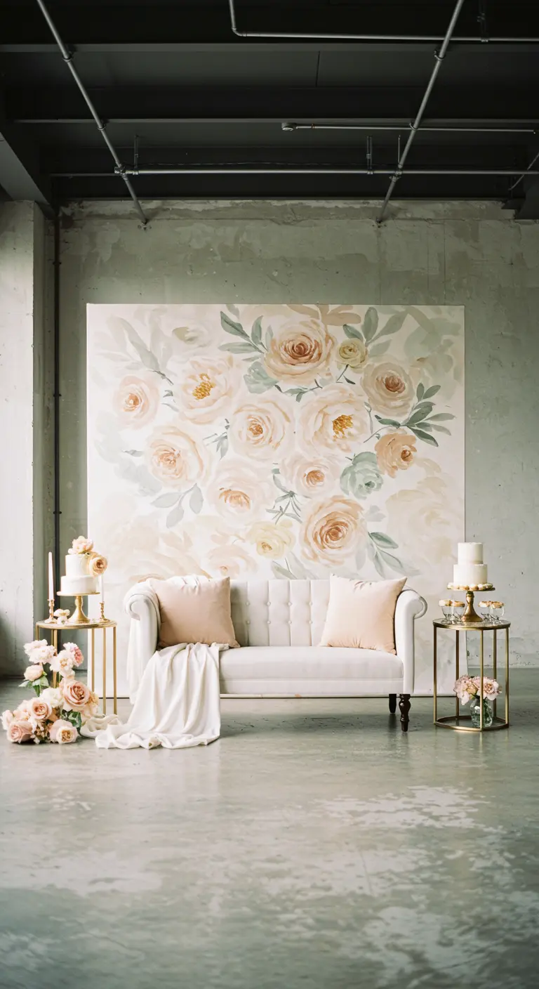 A large canvas painted with soft, watercolor-style roses behind a white settee.