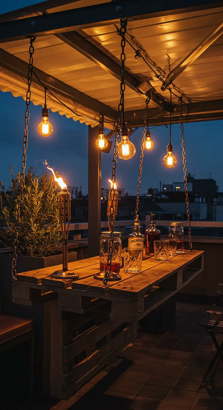 A hanging pallet bar on a city rooftop, lit by tiki torches and hanging Edison bulbs at dusk.