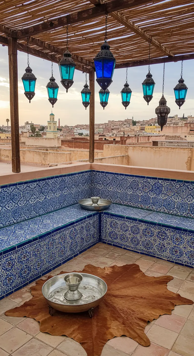 Rooftop terrace with blue-tiled bench, hanging blue lanterns, and a cowhide rug.