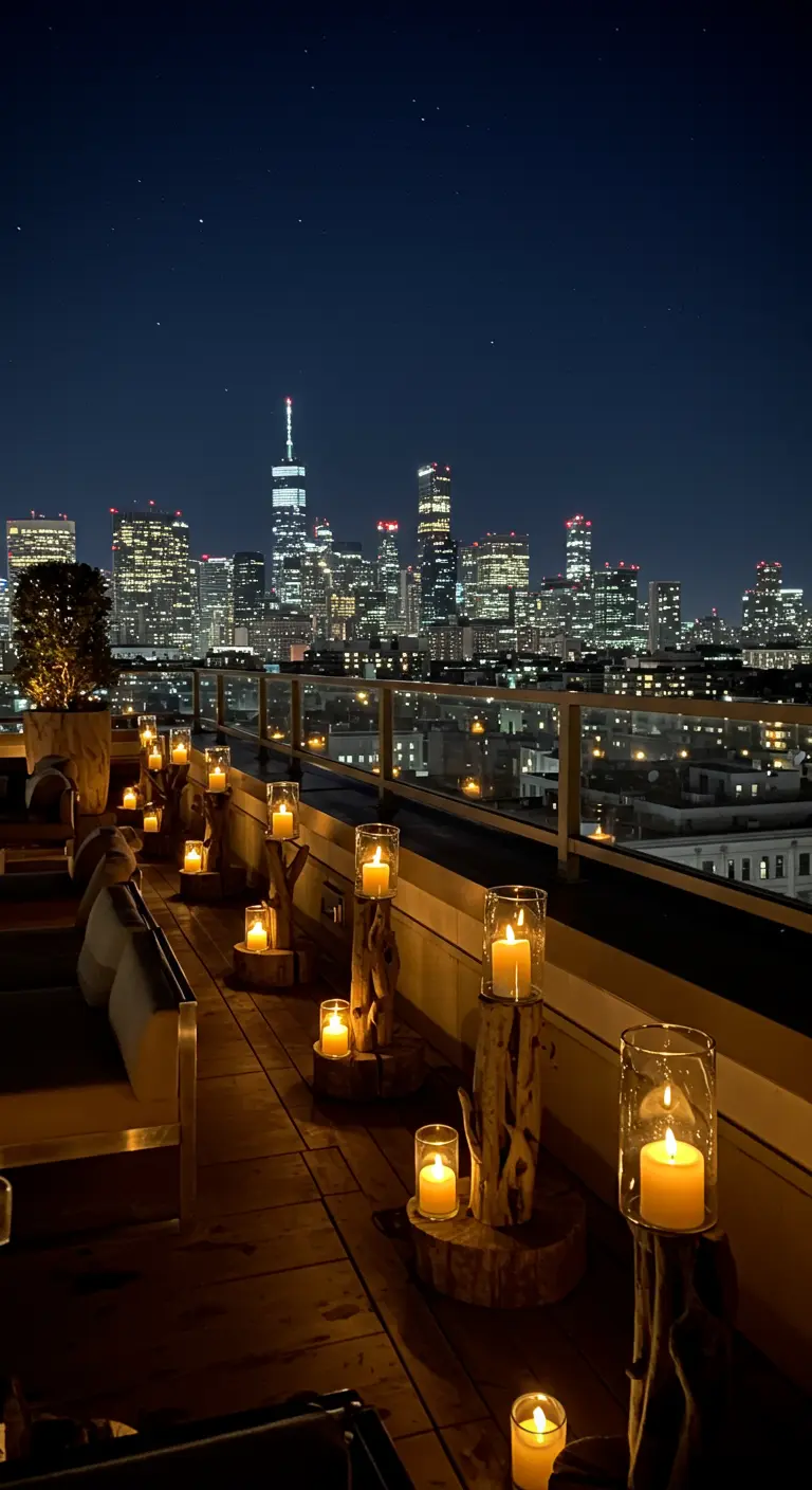 Driftwood posts holding candle lanterns on a city rooftop with a skyline view at night.